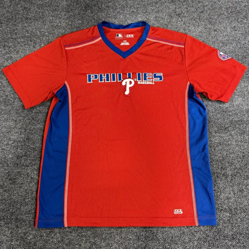 Philadelphia Phillies MLB Mens Large TX3 Cool Red Blue V Neck Baseball Shirt